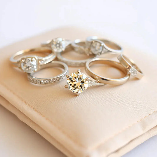 Assorted designer diamond rings with a highlighted solitaire setting on a neutral background