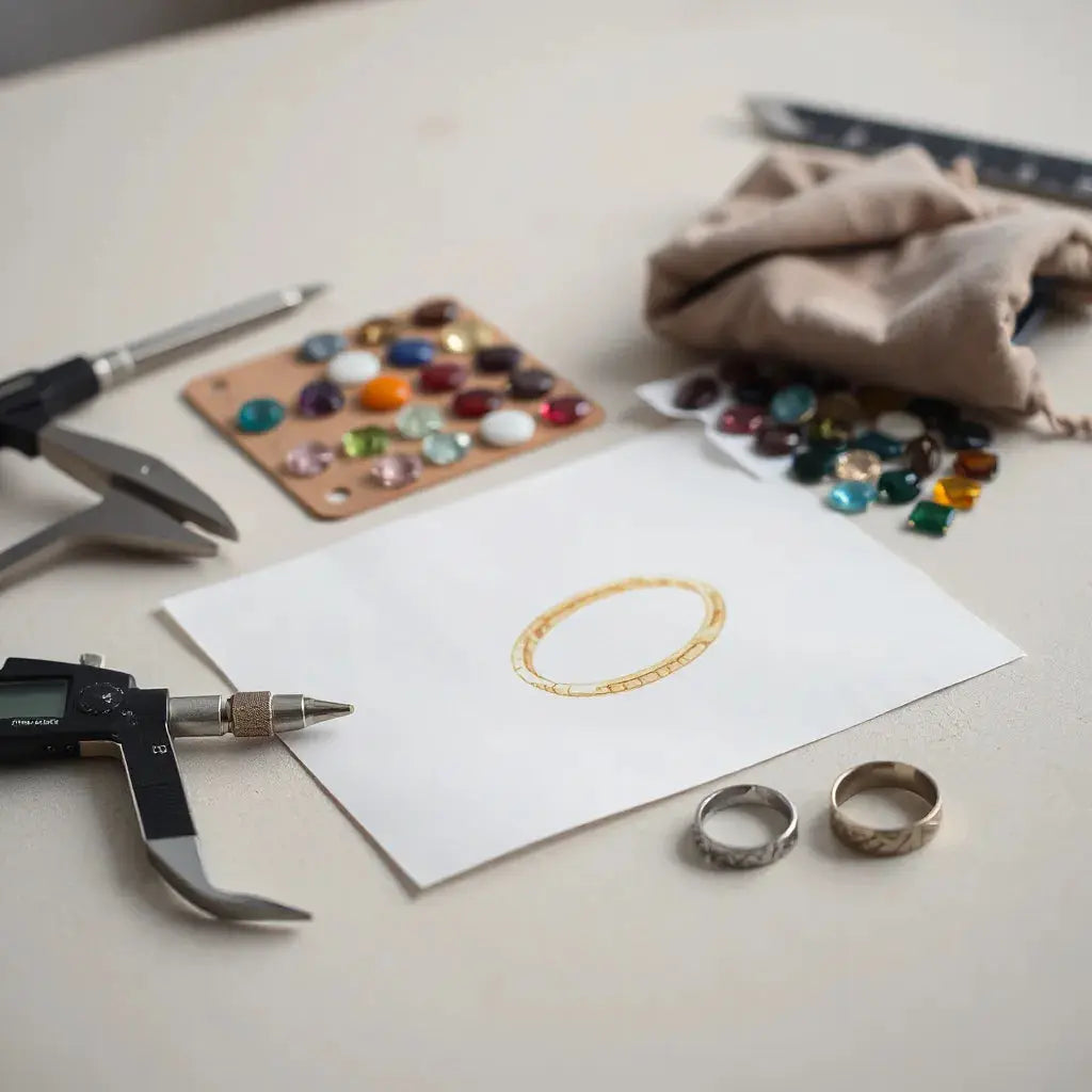 Jeweler’s workbench with custom jewelry sketch, gemstone swatches, and tools for planning a bespoke piece