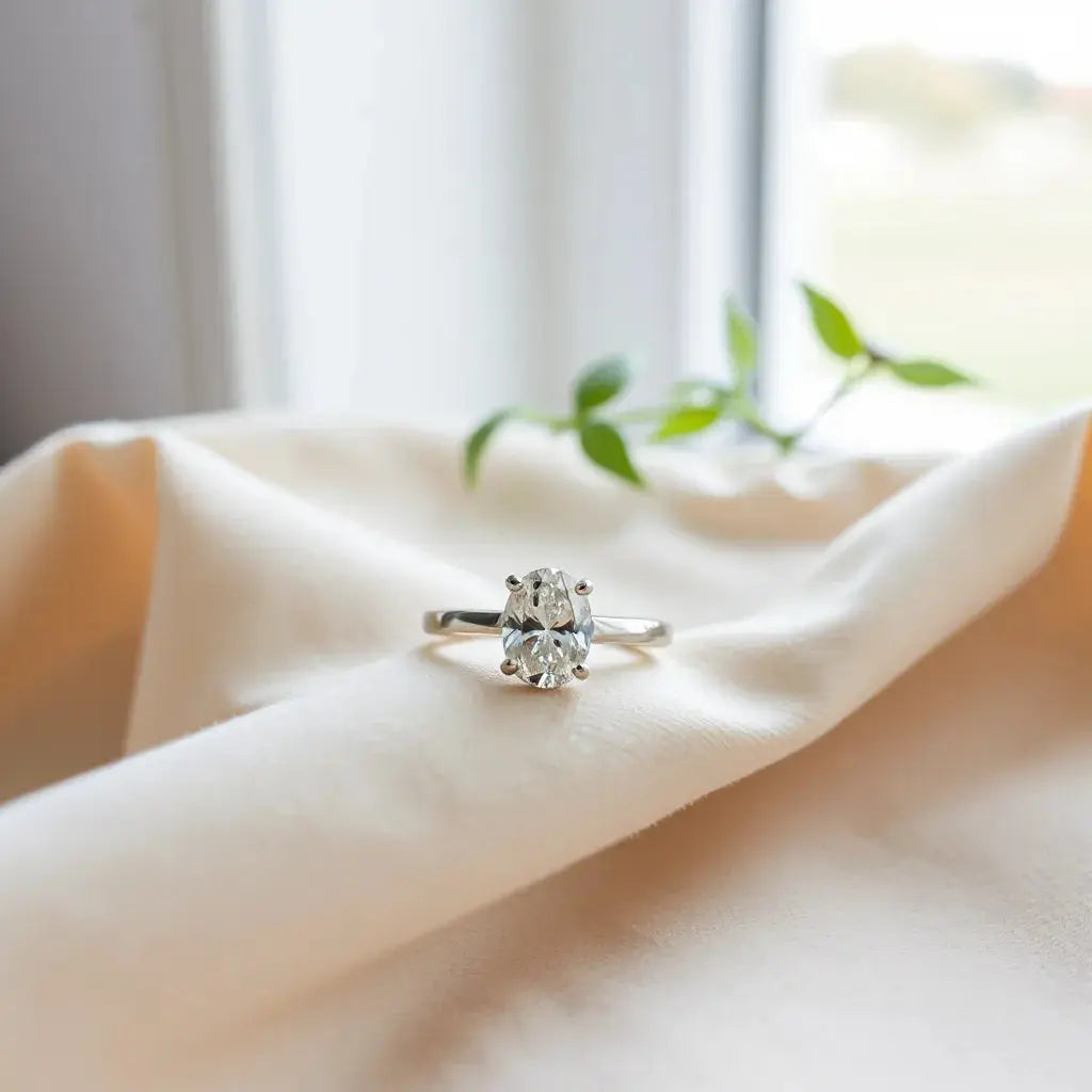 Oval cut diamond engagement ring with a solitaire setting on a neutral background