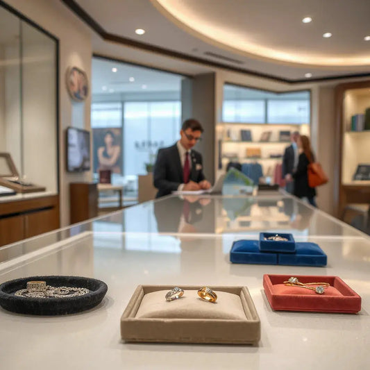 Shimmering rings and necklaces displayed in a modern jewellery shop in a shopping mall