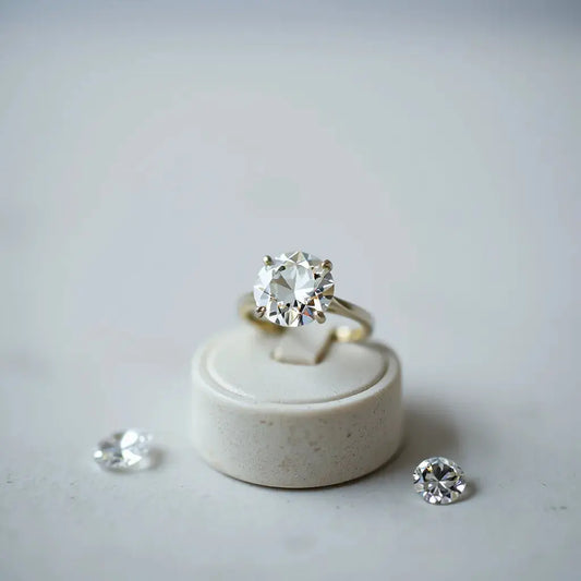 Lab grown diamond solitaire ring with visible facets on a minimal stand