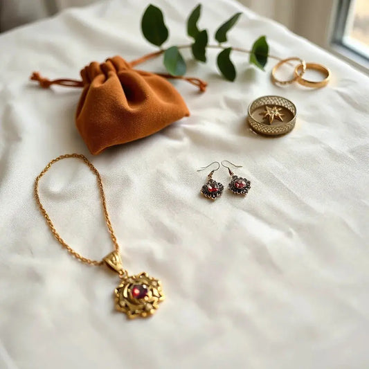 Antique-inspired necklace, drop earrings, and ring arranged on cream linen with warm light