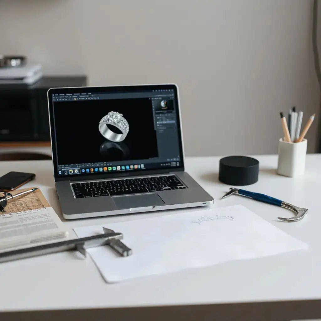 Jeweler reviewing a 3D CAD ring model on a laptop with calipers and sketch papers on a clean workbench