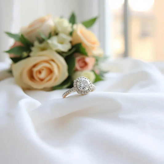 Bridal diamond ring resting on white satin with soft light and a blurred diamond accessory in the background