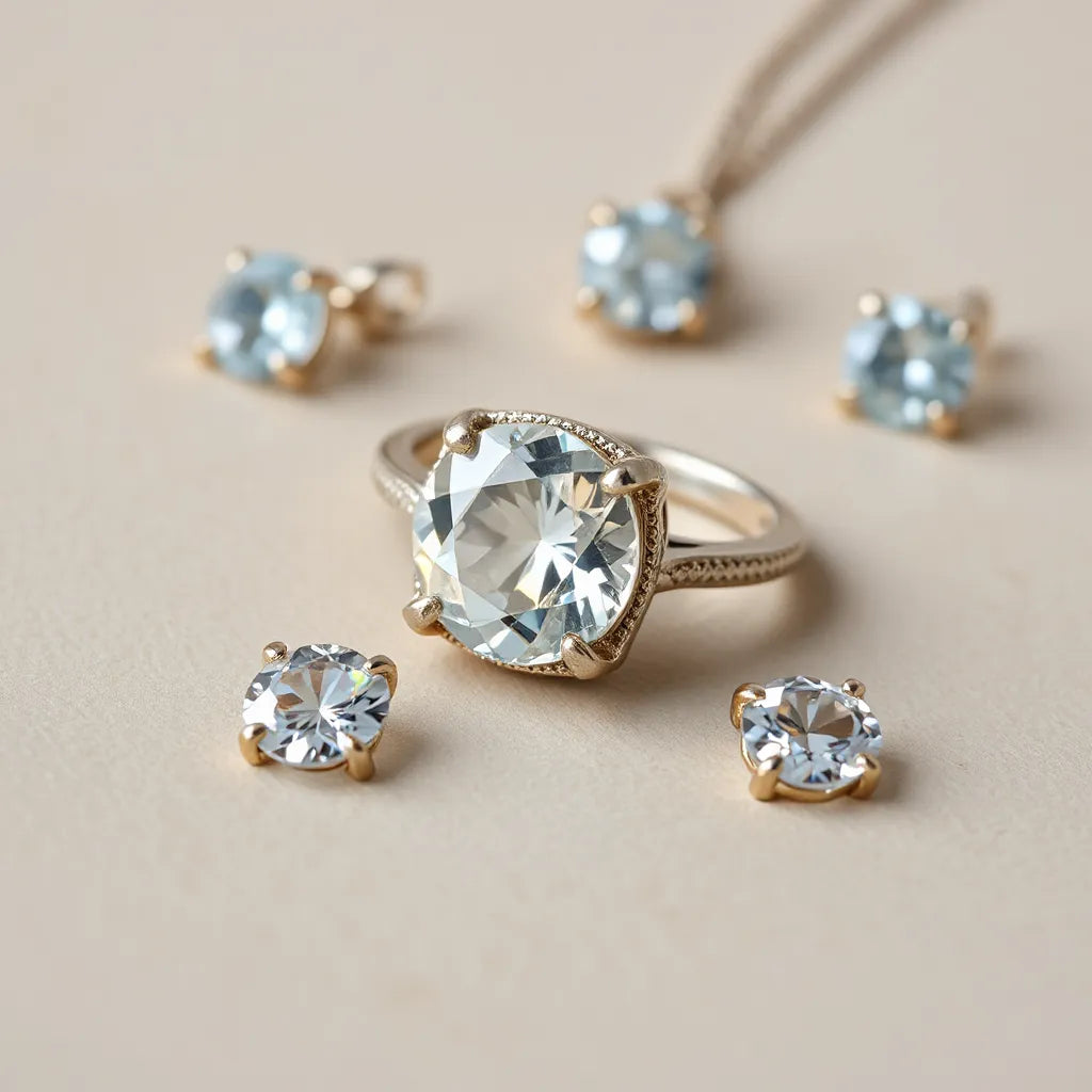 Faceted gemstone ring, pendant, and earrings displayed on a neutral background under soft studio lighting
