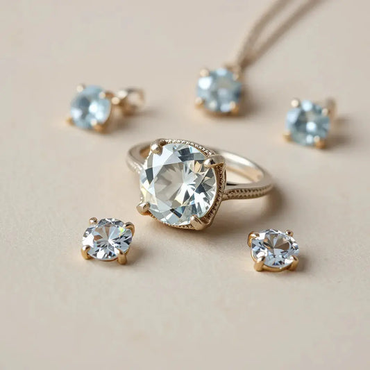 Faceted gemstone ring, pendant, and earrings displayed on a neutral background under soft studio lighting
