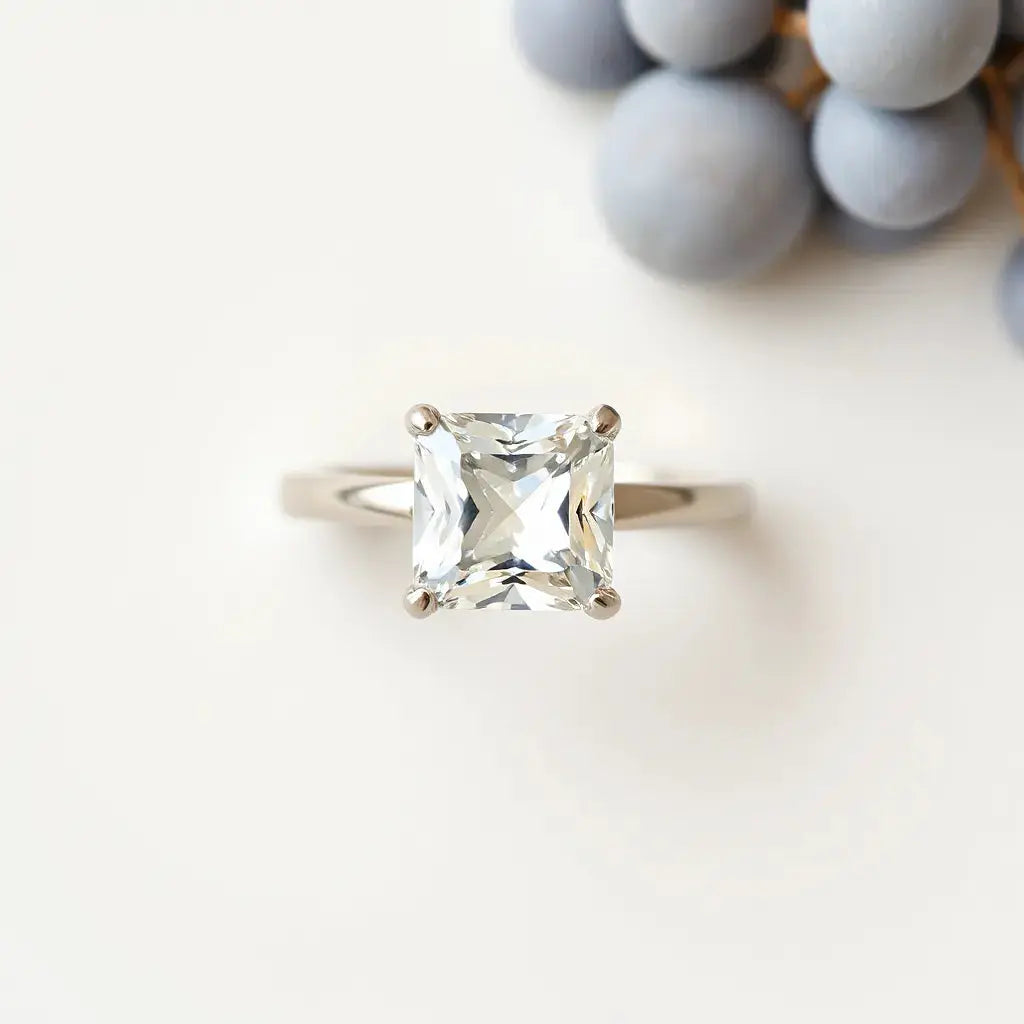 Princess cut diamond ring with square facets and a delicate band on a light neutral background