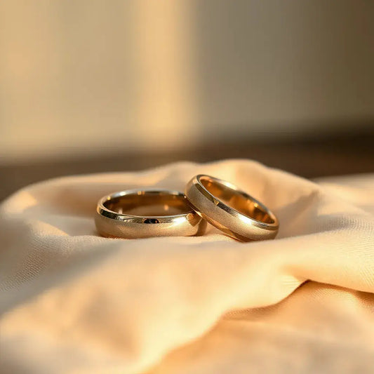 Two polished luxury wedding bands on neutral fabric with warm studio lighting