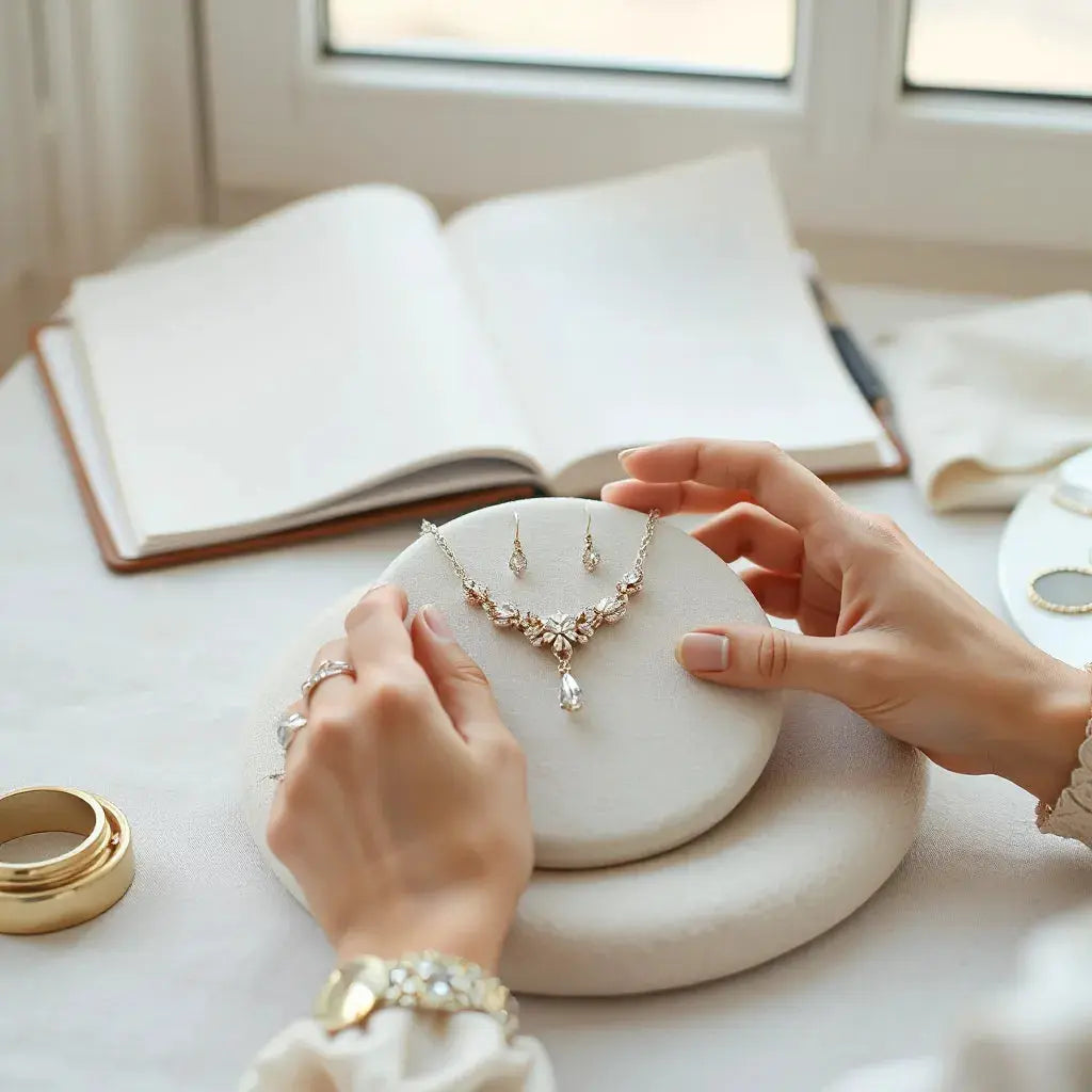 Designer hands adjusting a custom bridal necklace and earrings on a neutral fabric display