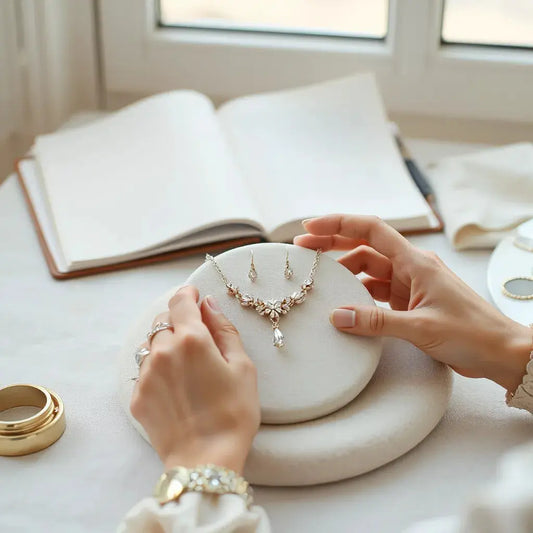 Designer hands adjusting a custom bridal necklace and earrings on a neutral fabric display
