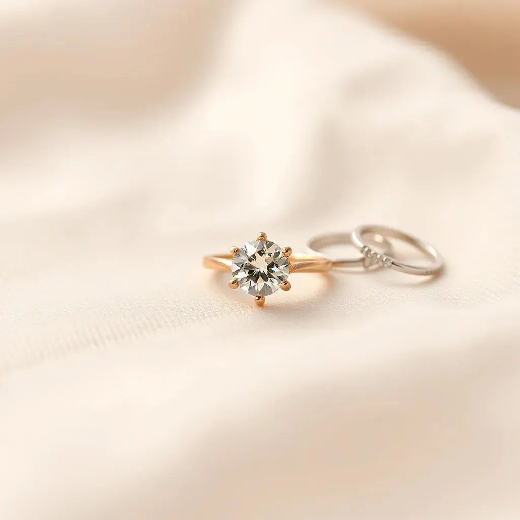Affordable engagement ring displayed on neutral fabric with soft natural light and subtle sparkle