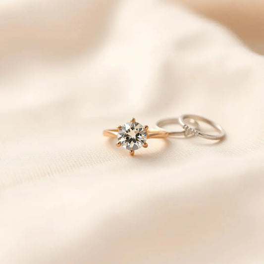 Affordable engagement ring displayed on neutral fabric with soft natural light and subtle sparkle