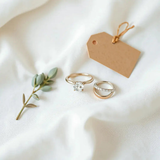 Sustainable engagement ring with matching band on neutral fabric with a small eucalyptus sprig