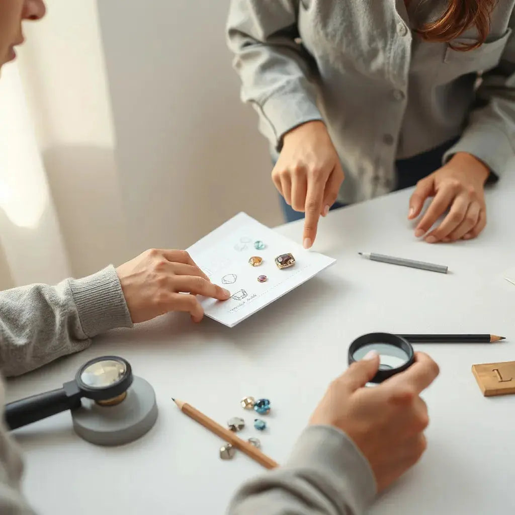 Two people collaborate at a jewelry design table with gemstone samples and sketches