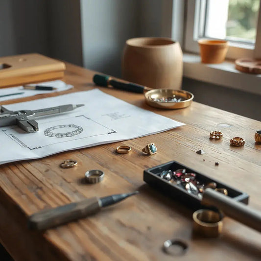 Jeweller’s workspace with a hand sketch, gemstone layout, and partially crafted ring under soft light