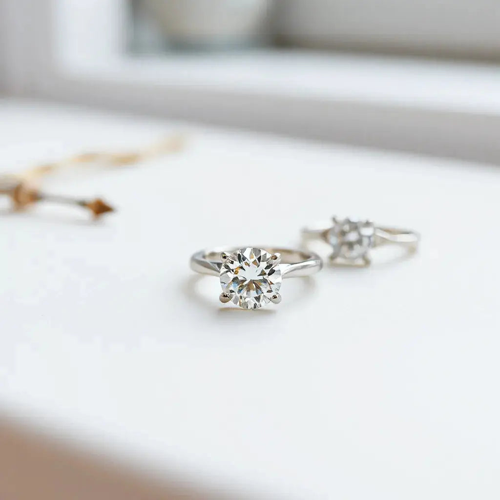 Sparkling diamond engagement ring on a neutral background with soft natural lighting and a second ring softly blurred
