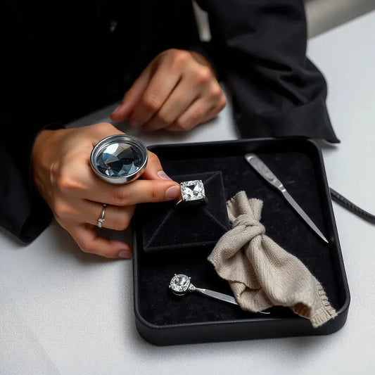 Jeweler’s hands placing a gemstone into a custom fine jewellery setting on a velvet tray