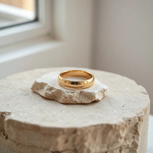 Polished 14k solid gold ring on a neutral stone surface with soft studio lighting