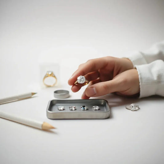 Jeweller’s hands presenting a custom engagement ring setting with a center stone on a clean tray
