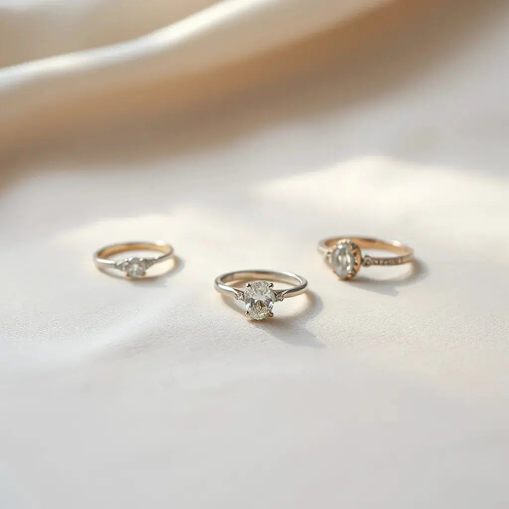 Oval diamond engagement rings with an oval center stone in a minimalist studio setting