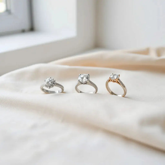 Engagement rings with different settings displayed in soft natural light on a neutral background