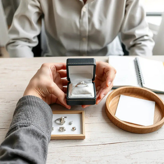 Diamond ring on a velvet cushion during a consultation with diamond samples on a clean table