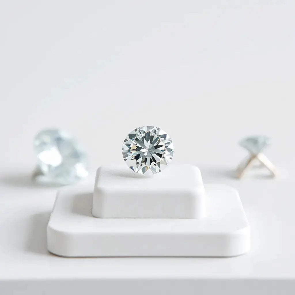 Lab grown diamond solitaire with visible facets on a minimal white display stand