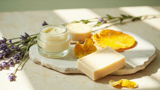minimal flat lay of body butter and soap with lavender sprigs