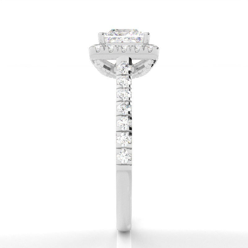 halo princess diamond engagement ring with pavé band setting