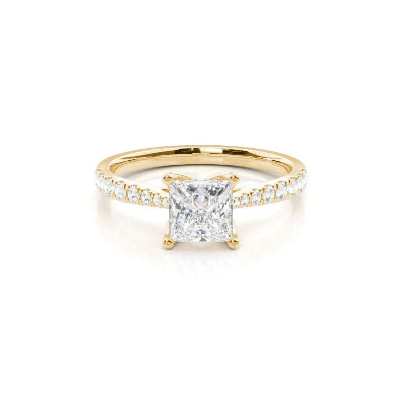 catherine 4 claw princess solitaire with hidden halo and pave band engagement ring setting