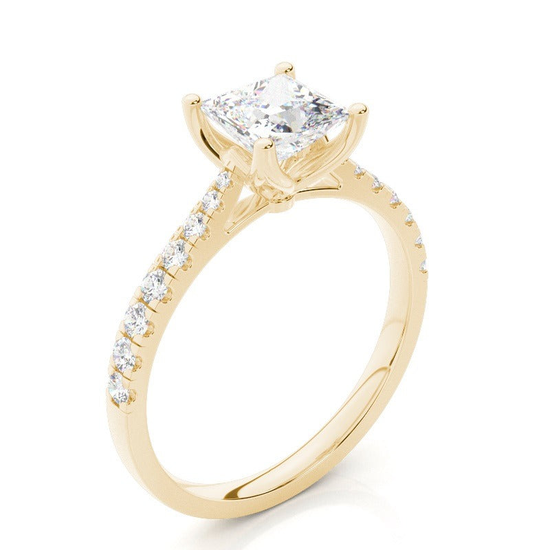 catherine 4 claw princess solitaire with hidden halo and pave band engagement ring setting