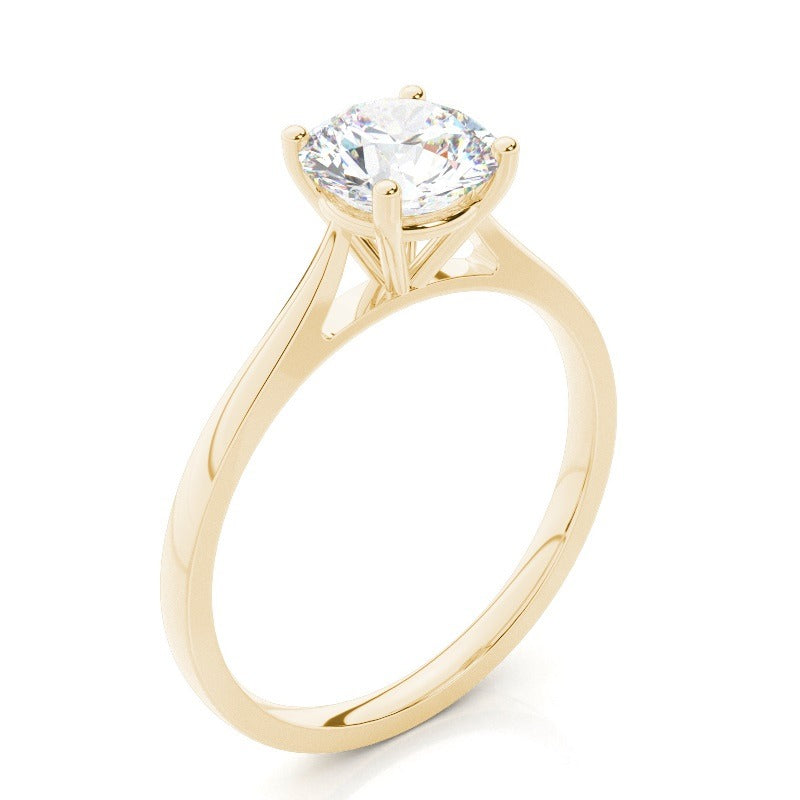 round solitaire cathedral lab grown diamond engagement ring 14k solid yellow gold