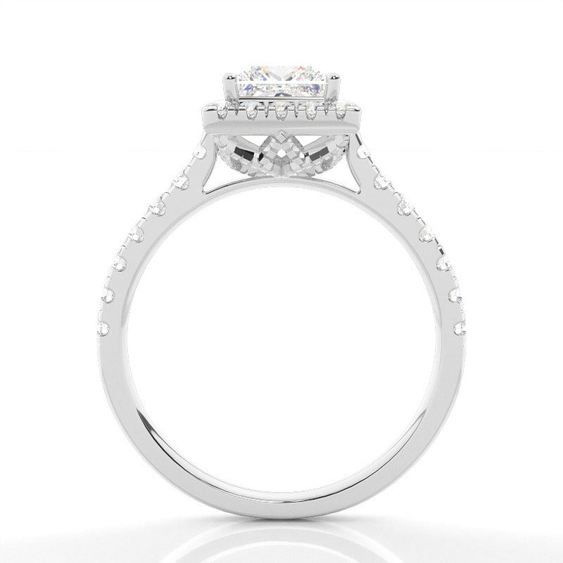 halo princess diamond engagement ring with pavé band setting