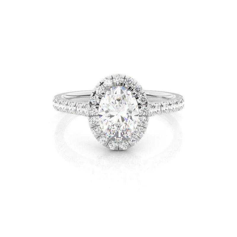 oval halo with pavé lab grown diamond engagement ring 18k white gold