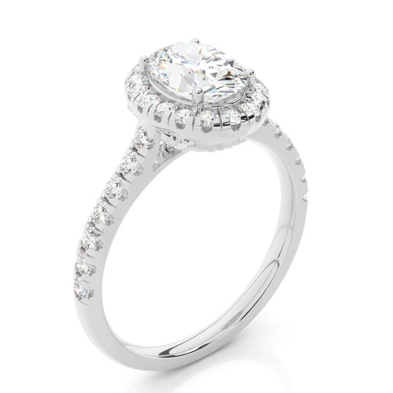 oval halo with pavé lab grown diamond engagement ring 18k white gold