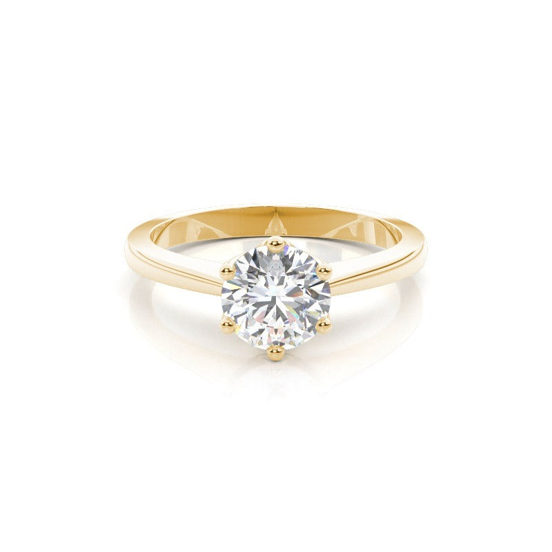 6 claw round solitaire lab grown engagement ring yellow gold