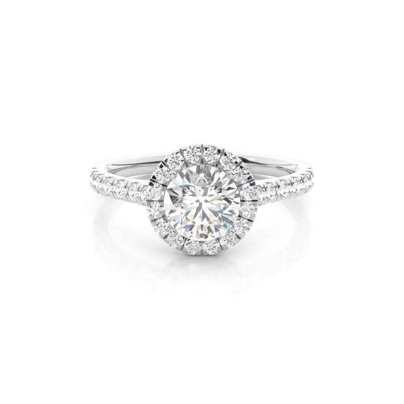 halo round lab-grown diamond engagement ring with pavé band 14k white gold