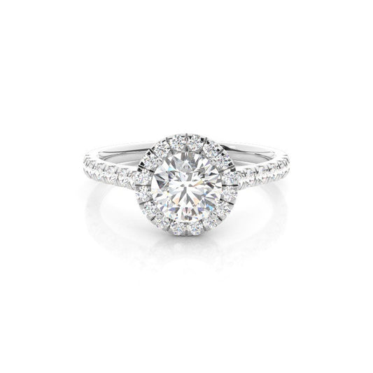 Halo Round Lab-Grown Diamond Engagement Ring with Pavé Band 14K White Gold