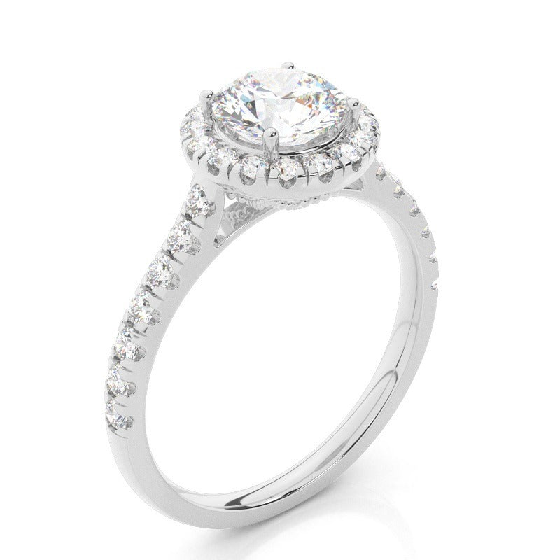 halo round lab-grown diamond engagement ring with pavé band 14k white gold