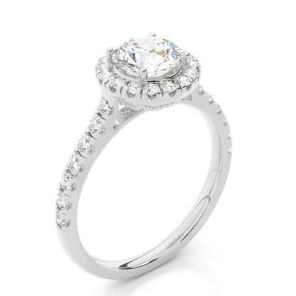 Halo Round Lab-Grown Diamond Engagement Ring with Pavé Band 14K White Gold