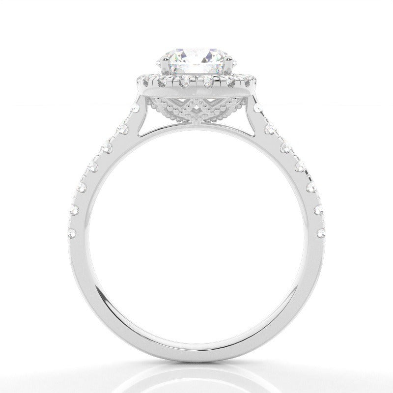 halo round lab-grown diamond engagement ring with pavé band 14k white gold