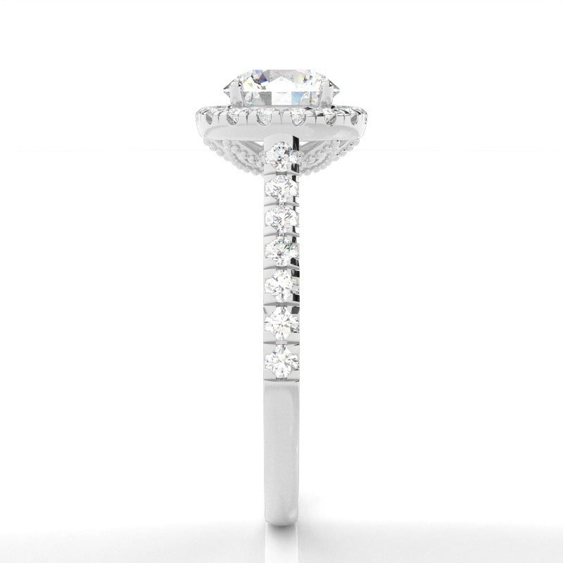 halo round lab-grown diamond engagement ring with pavé band 14k white gold