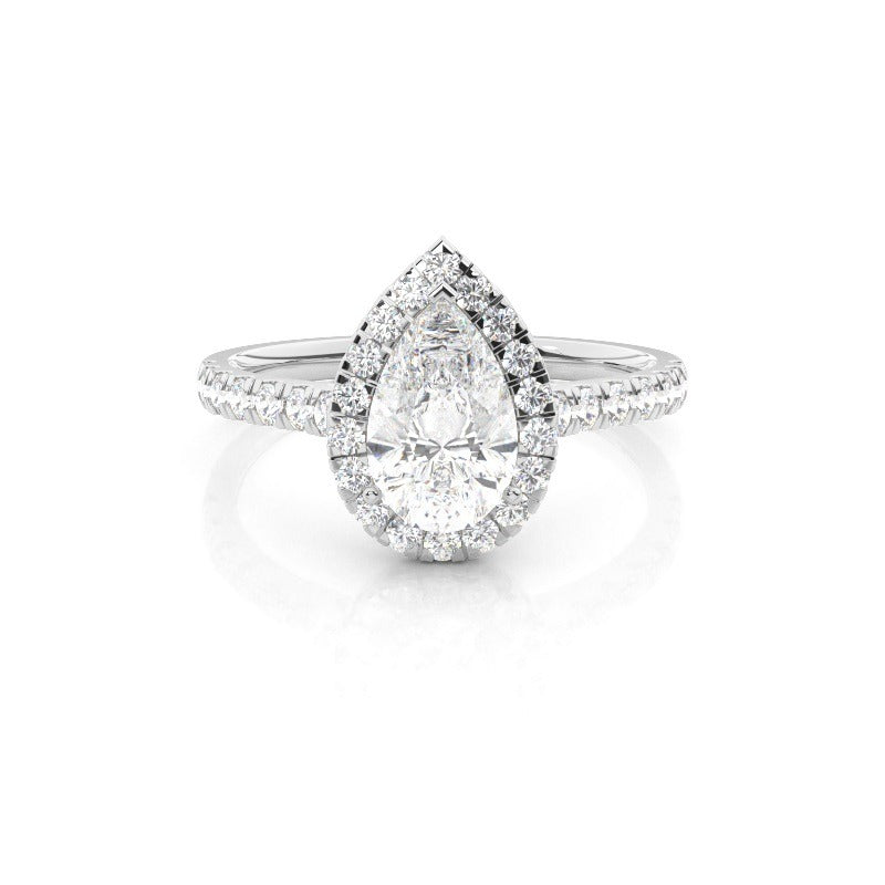 halo setting pear lab-grown diamond engagement ring with pavé band