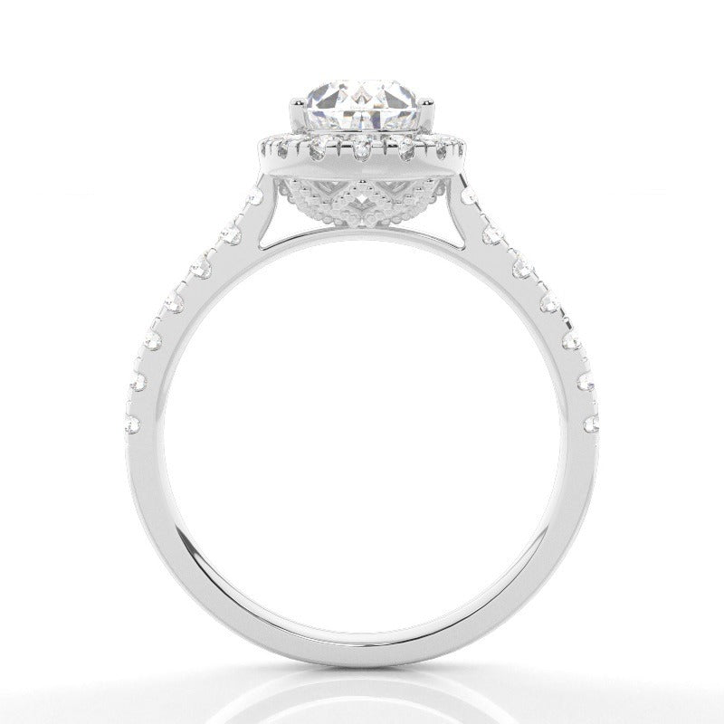 halo setting pear lab-grown diamond engagement ring with pavé band