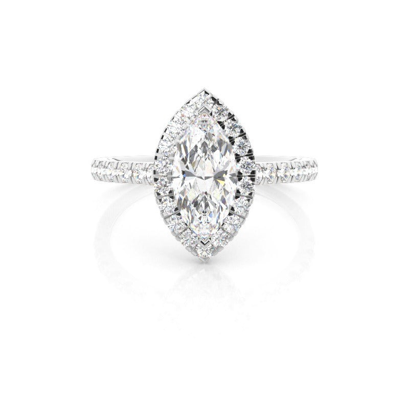 halo setting marquise lab-grown diamond engagement ring pavé band setting