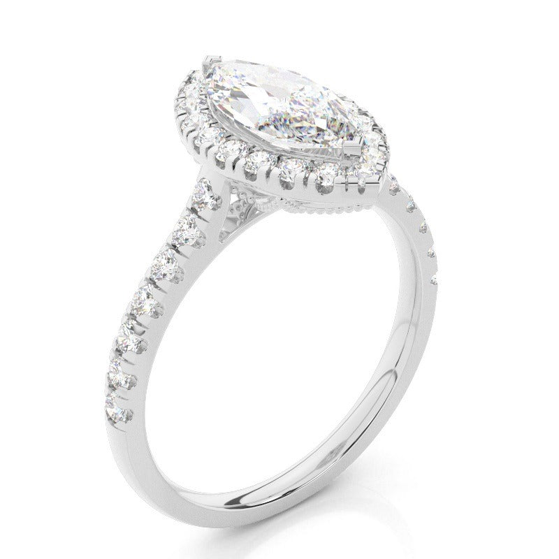 halo setting marquise lab-grown diamond engagement ring pavé band setting