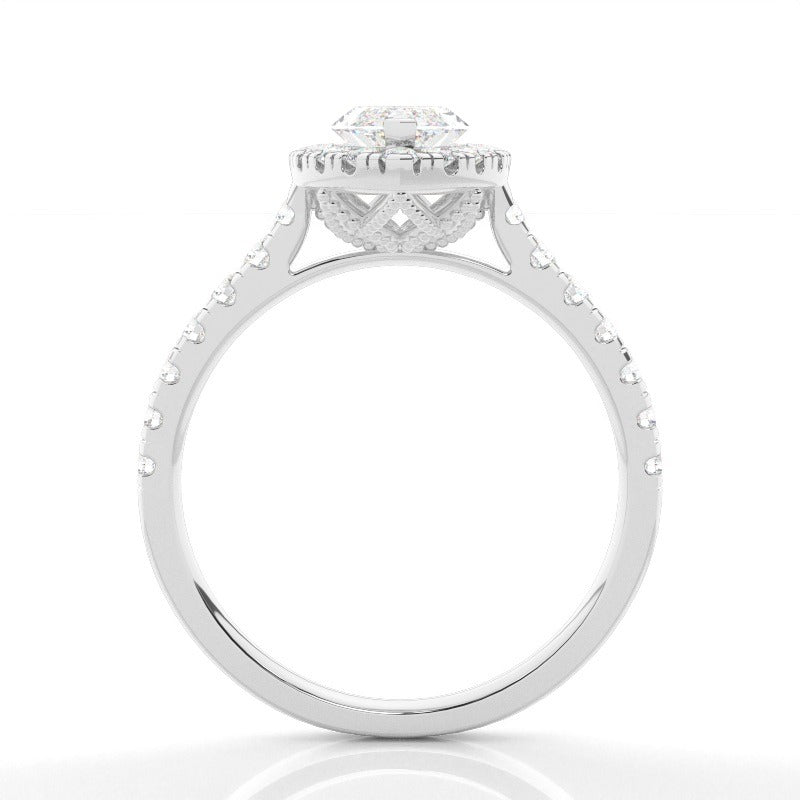 halo setting marquise lab-grown diamond engagement ring pavé band setting