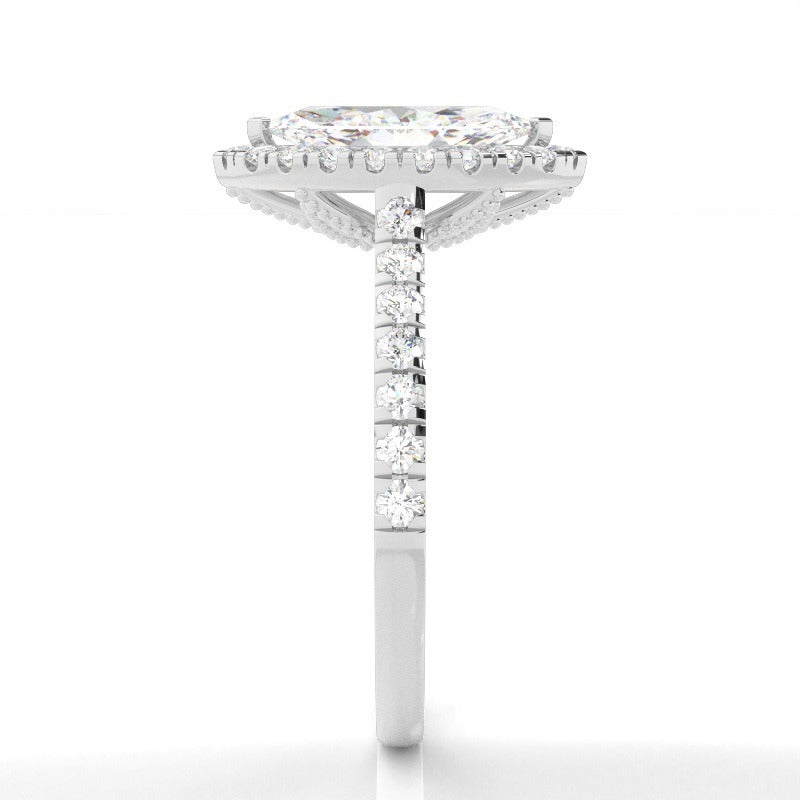 halo setting marquise lab-grown diamond engagement ring pavé band setting