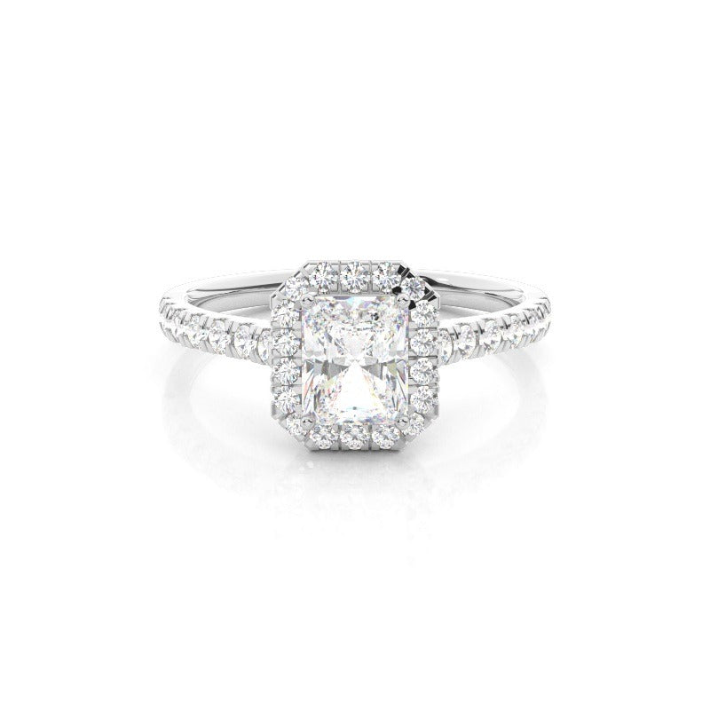 halo radiant lab-grown diamond engagement ring pavé band setting