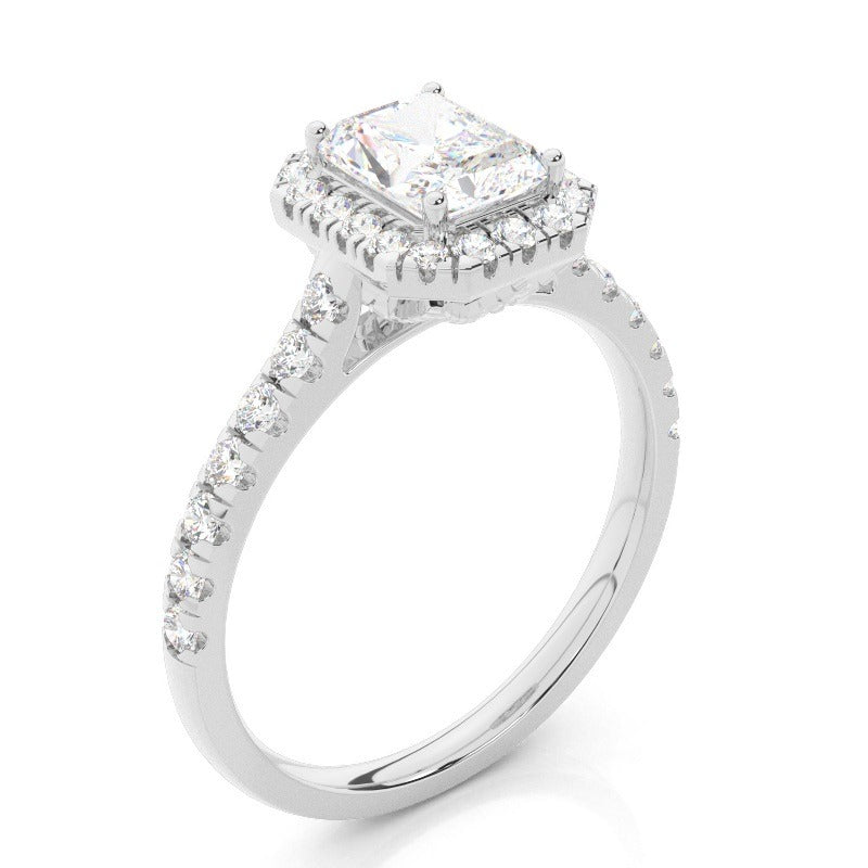 halo radiant lab-grown diamond engagement ring pavé band setting